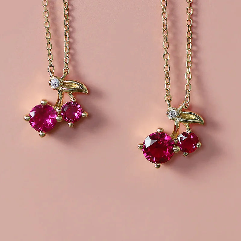 Sweet Cute INS 14K Gold Plated Pure 925 Sterling Silver Rose Pink Zircon Cherry Shaped Pendant Necklace for Women Girls Jewelry