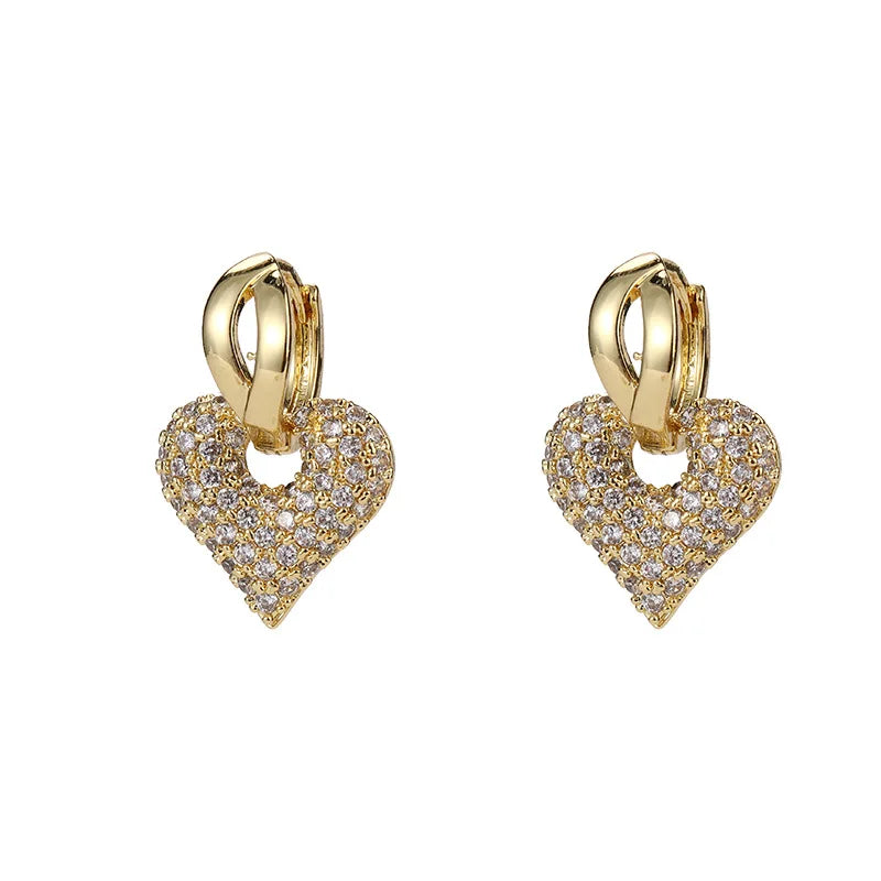 Fashion Micro-set Stone Jewelry Delicate Women Gold Plated Classical Heart CZ Zircon Brass Hoop Drop Earrings