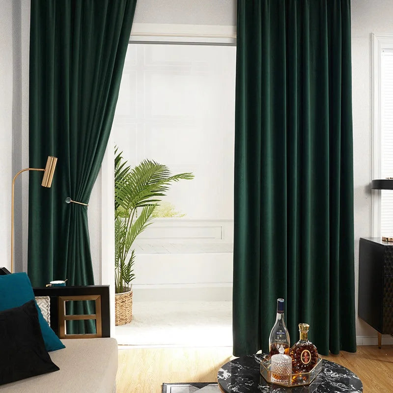 XinLan Nordic Velvet Curtains Olive Green Blackout Curtains Bedroom Living Room Solid Color Stitching Curtain