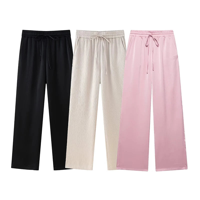 ZATRHMBM Women's 2025 New Fashion Wrinkle Effect Pants High Waist Elastic Waist Side Pockets Solid Color Trousers
