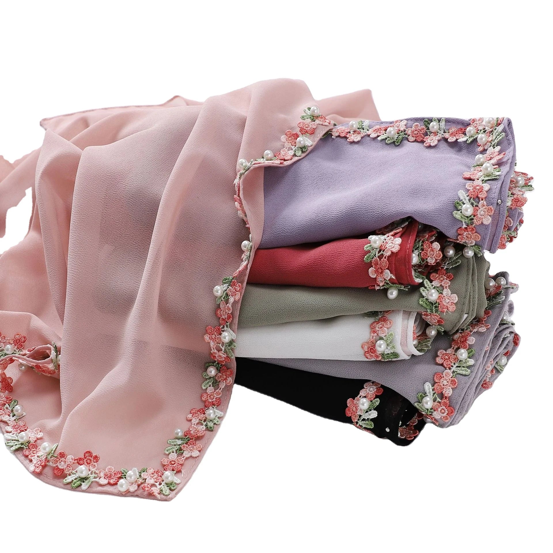 New Chiffon Small Flower Lace Beaded Scarf Malaysia Headband Shawl Women's Square Scarf Hijab