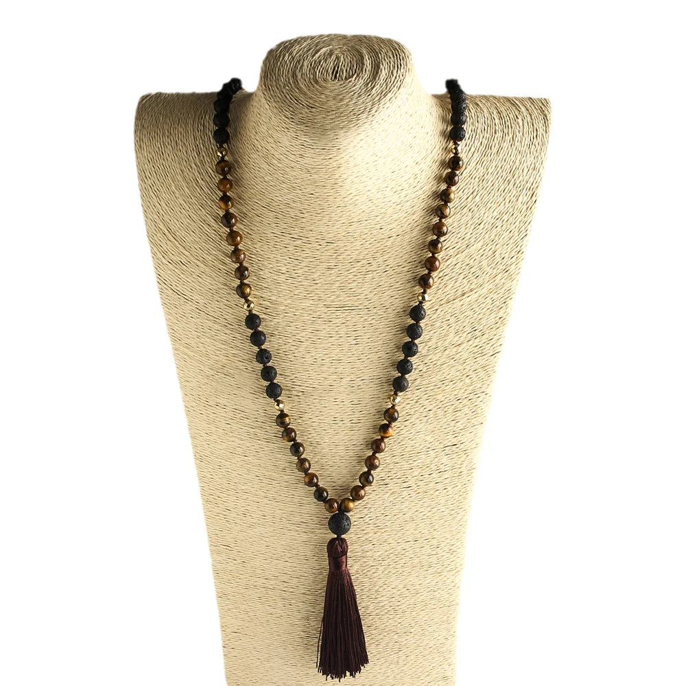 Fashion Custom Jewelry Lariat Tribal 108 Beads Yellow Tiger Eye Black Rock Lava Gemstone Necklace Tassel Yoga Necklaces