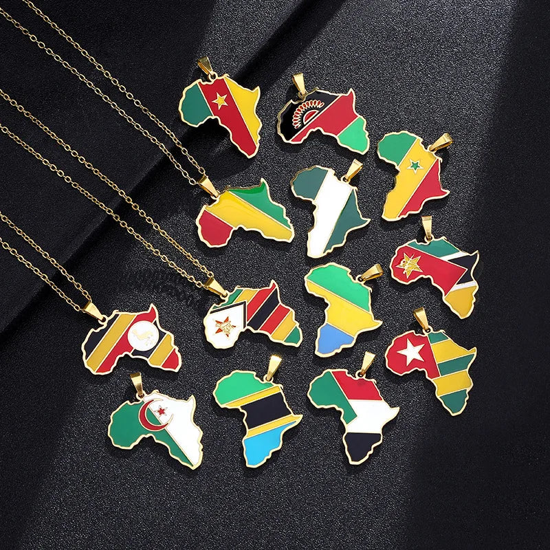 Classic Colored Oil Drippings Africa Map Necklace Stainless Steel Cote d 'Ivoire Rwanda Egypt Uganda Link Chain Necklace