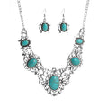 Hot Sale Bohemian Jewelry Set Classical Turquoise Stone Vintage Choker Necklace and Earrings Set Turquoise Stone Jewelry Set