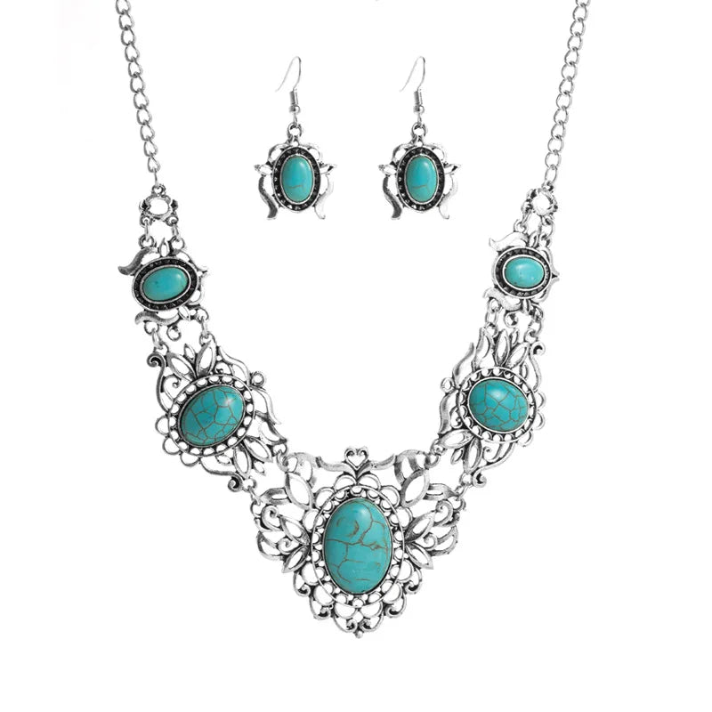 Hot Sale Bohemian Jewelry Set Classical Turquoise Stone Vintage Choker Necklace and Earrings Set Turquoise Stone Jewelry Set