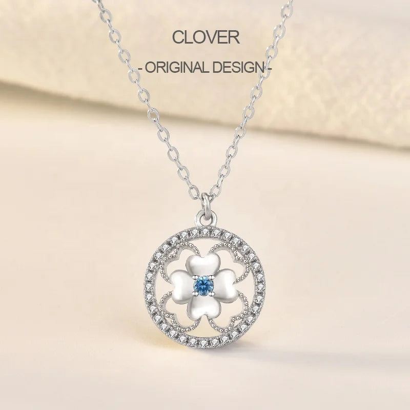 MA52 New Online Fashion Jewelry 925 Sterling Silver Blue Crystal Zircon Four Leaf Clover Flower Pendant Necklace for Women