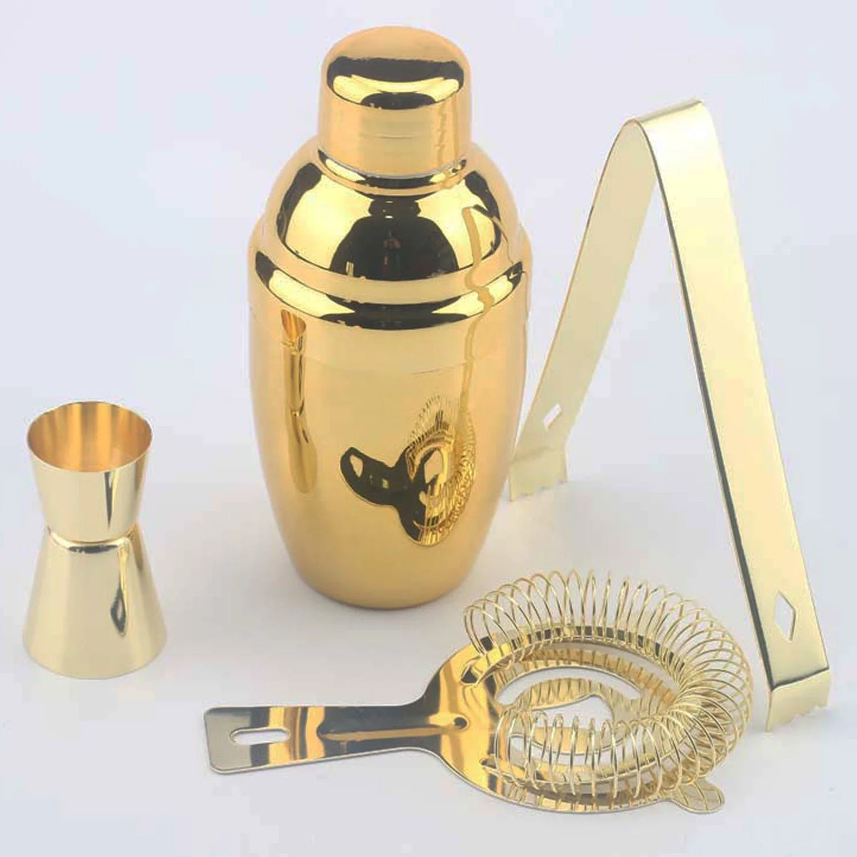 4 Pieces Gold Plated Mini Japanese Cocktail Shaker Set Bartender Kit Stainless Steel Barware Set 12oz/350ml MegaBDM