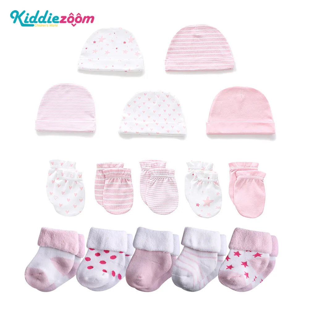 European American Newborn Anti-Scratch Cotton Hat+Gloves+Socks Combination 15 Sets for 0-6 Months Babies Cross Border