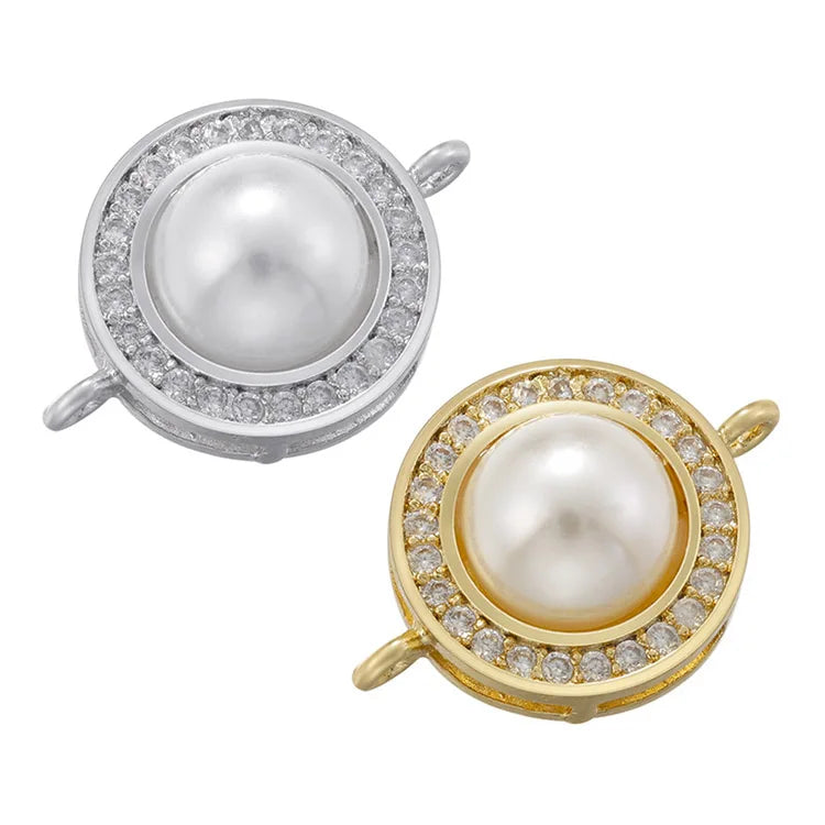 CZ8768 18k Gold Plated Zircon CZ Micro Pave Round Pearl Focal Bead Charms Connector for Bracelet Jewelry Making
