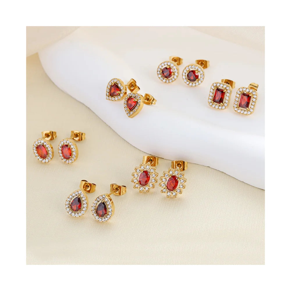 Wholesale Luxury Geometric Waterdrop Heart Love Zirorconia Ruby Studs Earrings Stainless Steel Fashion Jewelry Stud Earrings