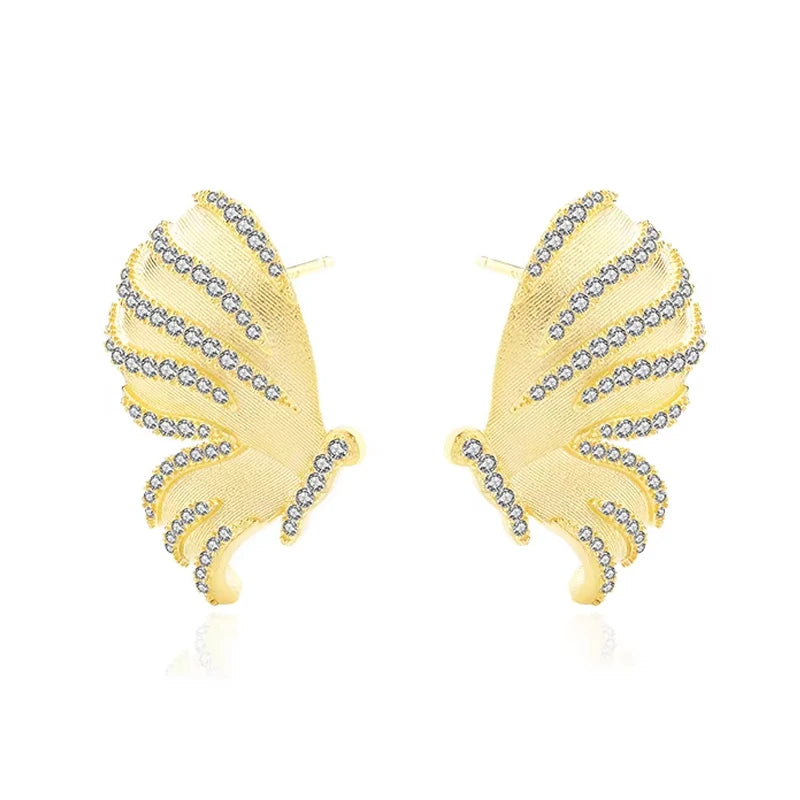 Trendy Sterling Silver Butterfly Stud Earrings Jewelry Cz Brushed Craft Zircon Dainty Butterfly Statement Earrings Women