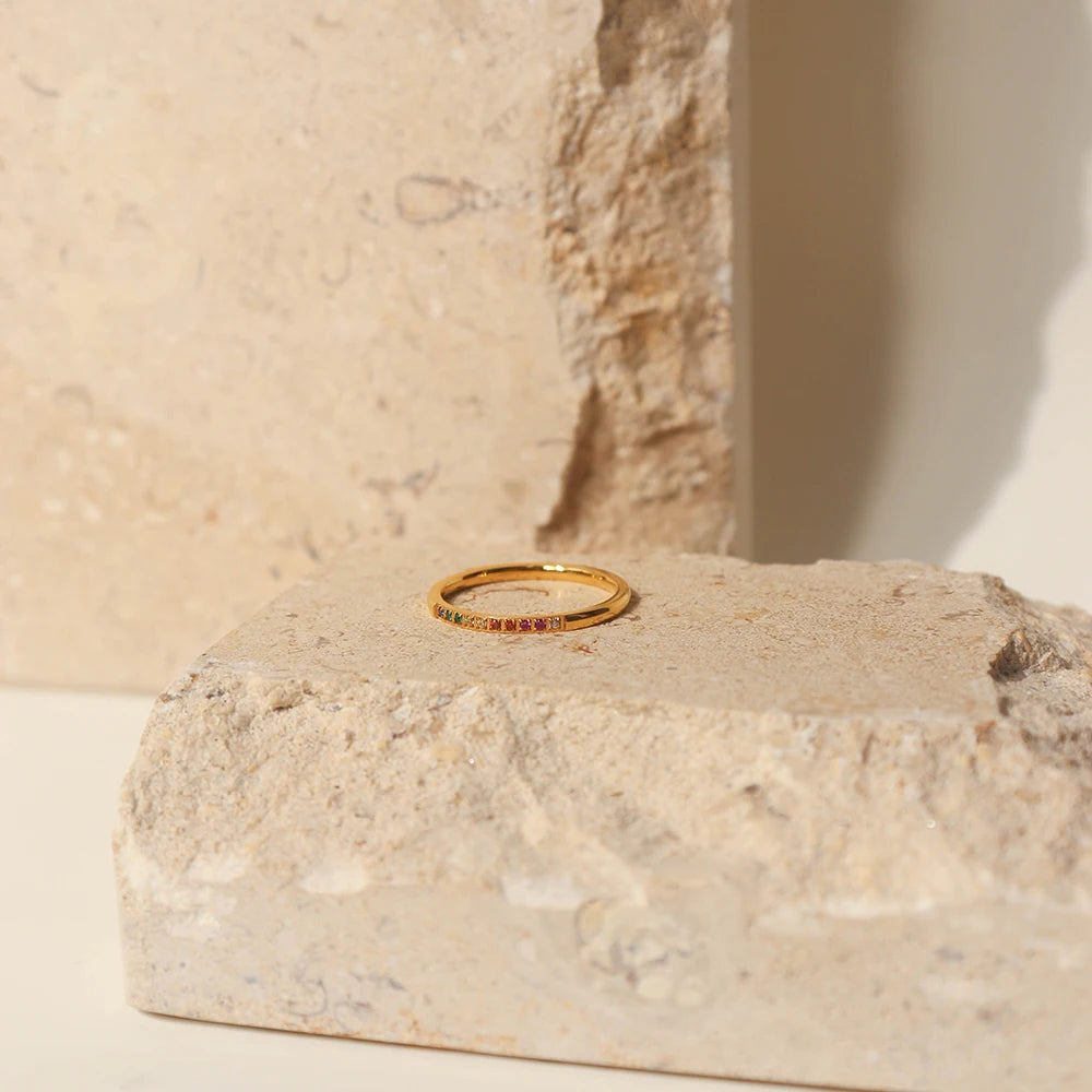 Chris April Fashion Jewelry in Stock PVD Gold Plated 316L Stainless Steel Water Proof rainbow Zircon Thin Knuckle Rings