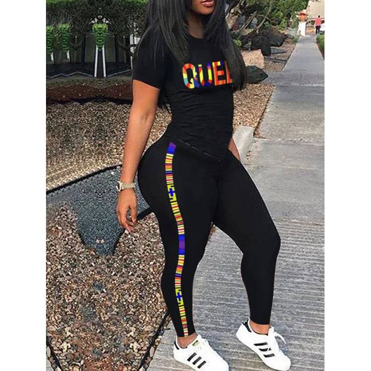 Casual Suit Black Short Sleeve Temperament Commuter Black Printed Women Casual Suit