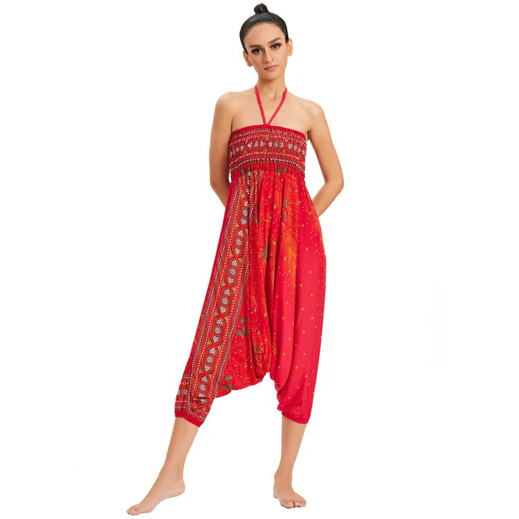 Hot Sale Thailand Style Vintage Color Floral Bohemian Hippie Yoga Sport Boho Jumpsuit Pants for Adult Girls'