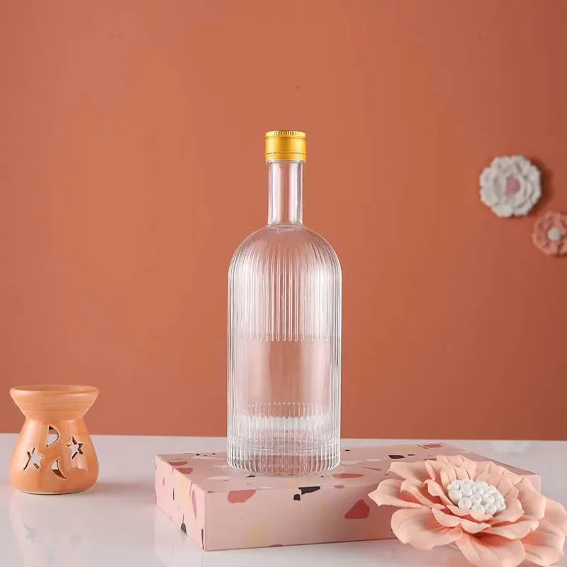Manufacturer of 500ml Vertical Stripe High White Glass Liquor Bottle with Cork and Screen Printing