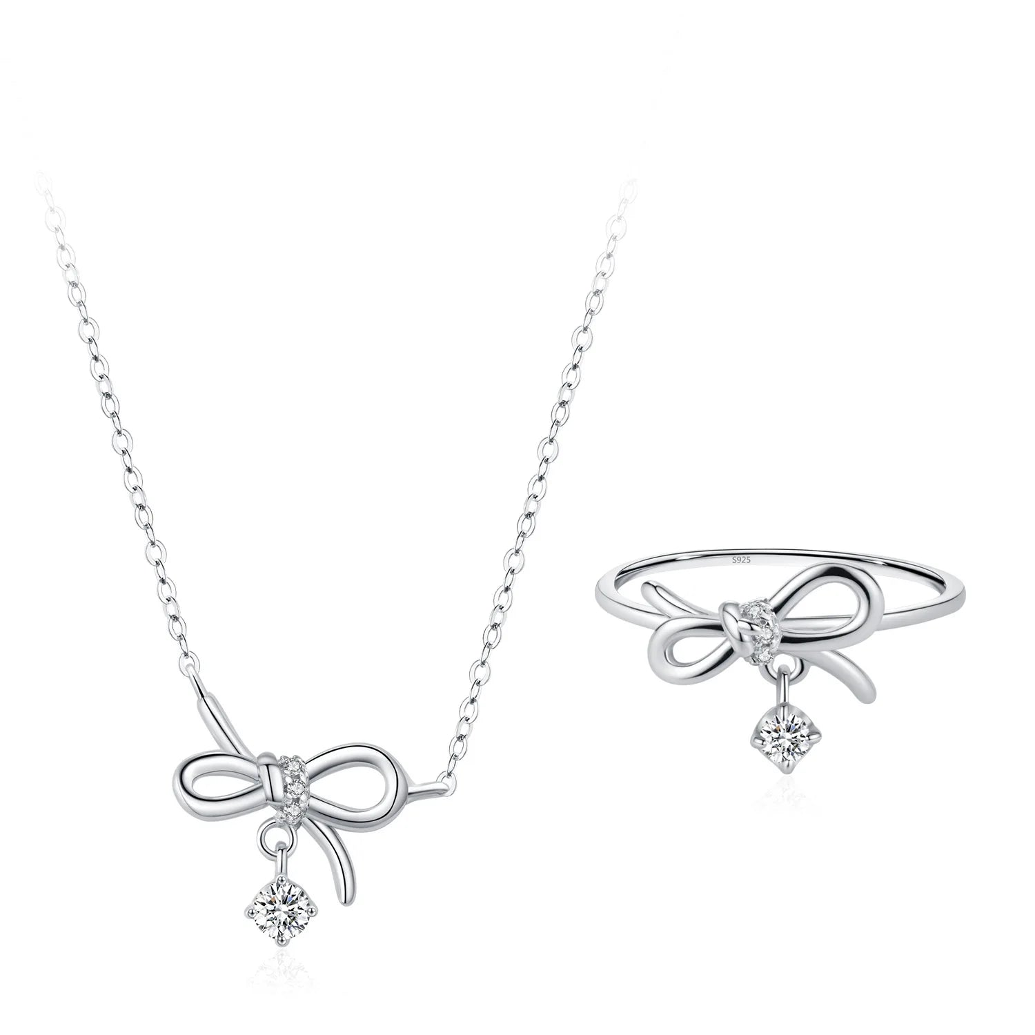 Fashion Trend Bow Ring Necklace 2pcs Set 925 Sterling Silver Bow Knot Jewelry Set for Women's Fine Jewelry Gifts