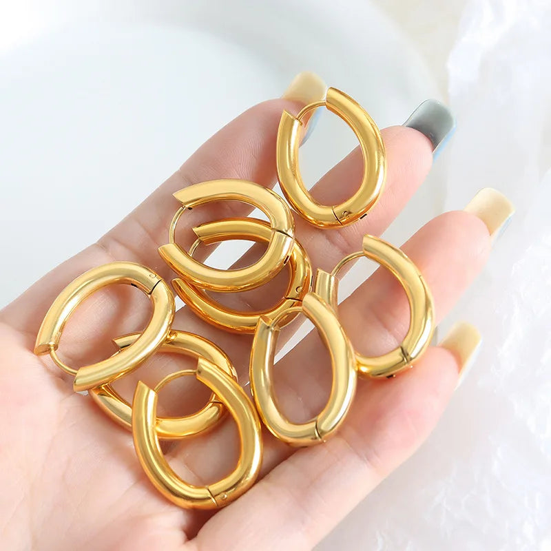 Simple Women 18K Real Gold Plated Oval Drop Earrings U Shaped Hoop Earrings Stainless Steel Jewelry