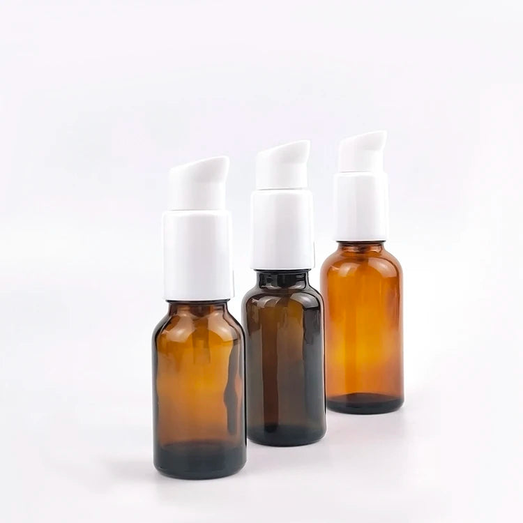 15ml 20ml 30ml Amber Glass Cream Bottles with Pump Sprayer for Sunscreen Liquid Foundation Infusion & Eye Drop