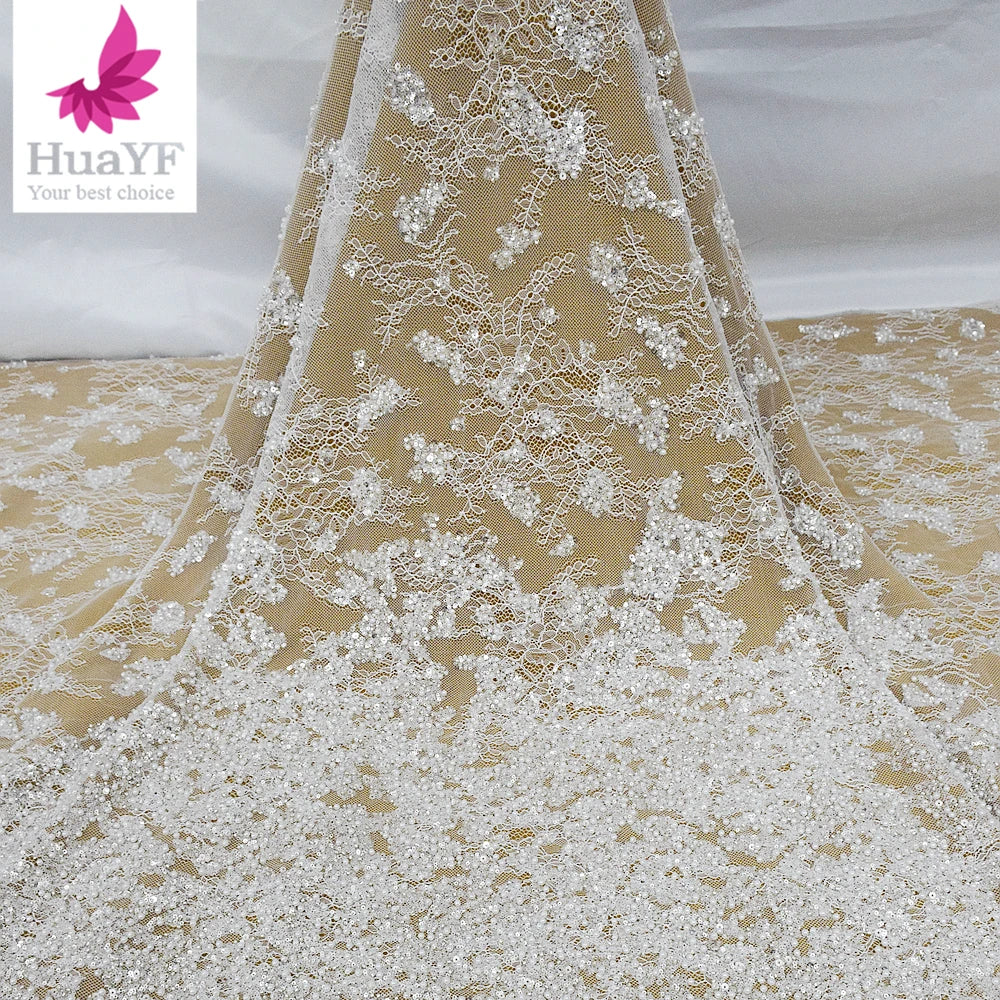 Popular Chantilly Laces With Crystal Sequins Beaded Lace Fabric Wedding Bridal Embroidery Fabrics  HY2191