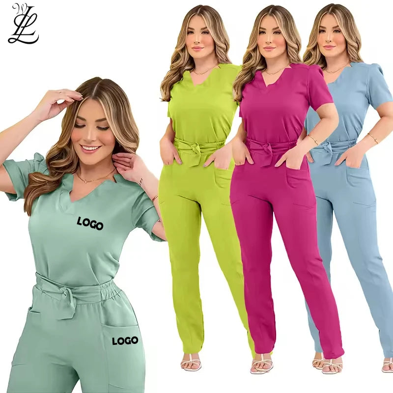Factory Custom LOGO Fashionable Spa Women Nursing Scrub Hair Salon Nurse Scrub Pet Hospital Jogger Set 2 Piece Uniforms Sets