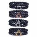 Promotional Sale 2PCS 8mm Crown King Charm Beads Bracelet for Men Women Natural Black Matte Onyx Stone Beads 7.5"