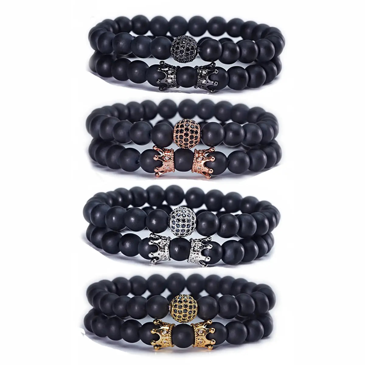 Promotional Sale 2PCS 8mm Crown King Charm Beads Bracelet for Men Women Natural Black Matte Onyx Stone Beads 7.5"