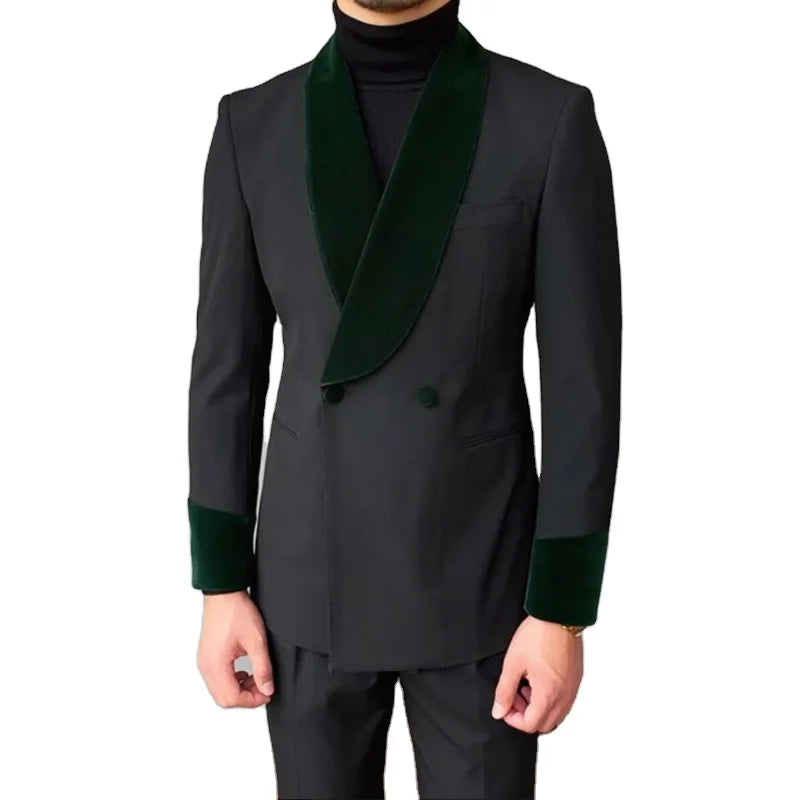 Stylish Double Breasted Mens Wedding Tuxedos Green Shawl Lapel 2 Pieces Set Costumes Pour Hommes Business Customize Terno