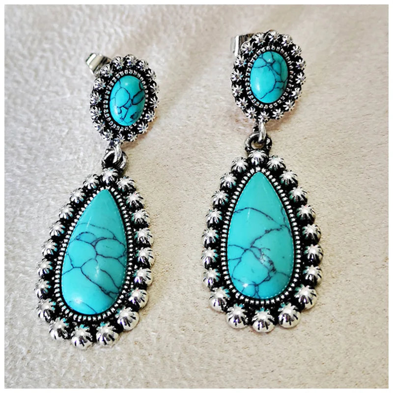 Antique Silver Plated Trendy Drop Shaped Turquoise Earrings Creative Exaggerated Design for Party & Wedding Gifts Alloy Material