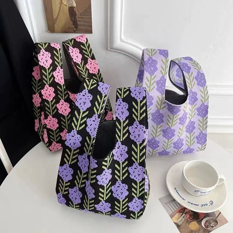Handmade Women's Knitted Flower Crochet Tote Bag Chic Handbag for Women