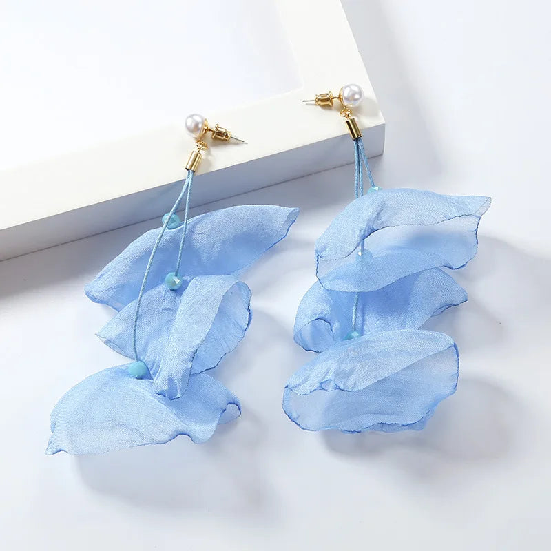 Summer Fashion Bohemian 925 Silver Pin Transparent Colorful Multi-layer Pearl Stud Long Drop Petal Dangle Earrings