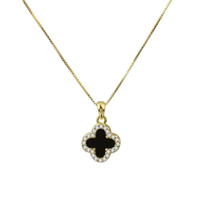 New Classic Black Pearl Zircon Four-leaf Clover Pendant Unisex Stainless Steel Clover Necklace Gold Plating Cross-shaped Pattern