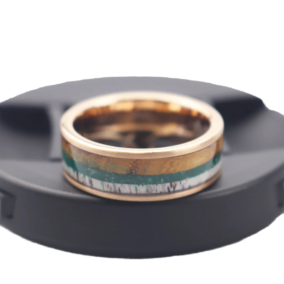 Poya Fashion Rose Gold Plated 8mm Antler Whiskey Barrel Wood Green Moss Agate Tungsten Carbide Wedding Band Ring for Men