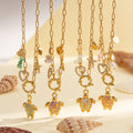 Ocean Stainless Steel 18K Gold Plated Chain Enameled Turtle Starfish Shell Pearl Charms Necklace