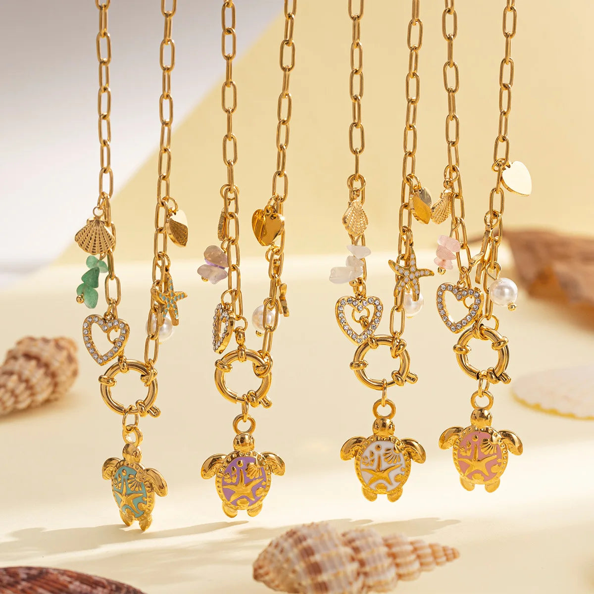 Ocean Stainless Steel 18K Gold Plated Chain Enameled Turtle Starfish Shell Pearl Charms Necklace