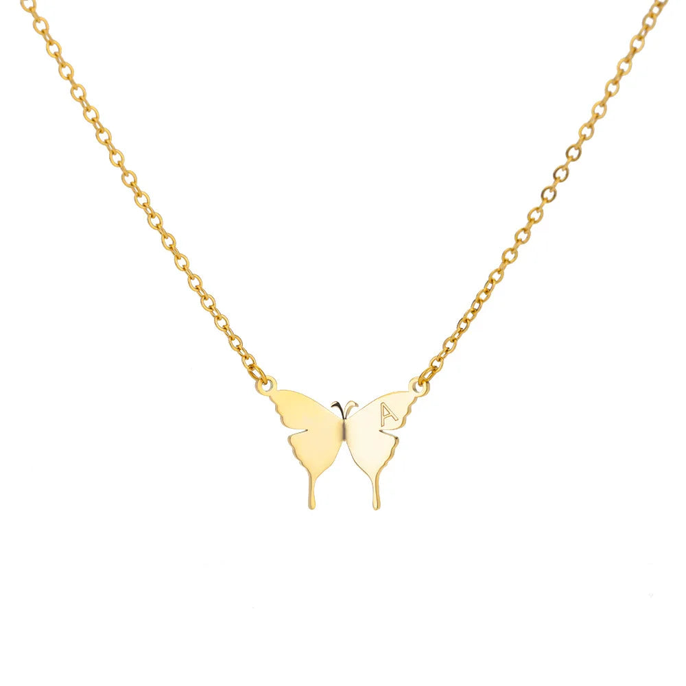 New Simple Letter Necklace 18K Gold-Plated Stainless Steel Butterfly Letter Necklace With Pearl Jewelry for Men Women