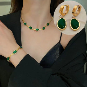 Vintage Green Stone Stainless Steel Necklace for Women Gold Color Choker Jewelry Snake Chains Bracelets Earrings