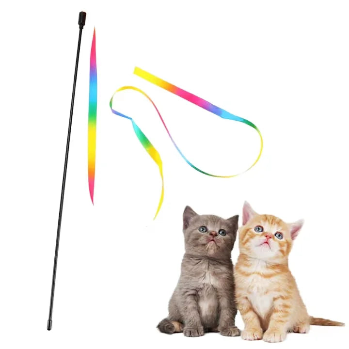 Cat Rainbow Wand Toy Interactive Kitten Teaser Wand String Colorful Ribbon Charmer for Cats Kitty Interactive Toys