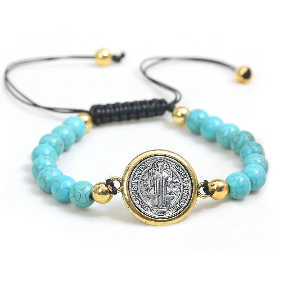 Alloy Saint Benedict Medal on Adjustable Cord Bracelet Natural Stone Bracelet Gemstone Beaded Healing Chakra Bracelet for Men