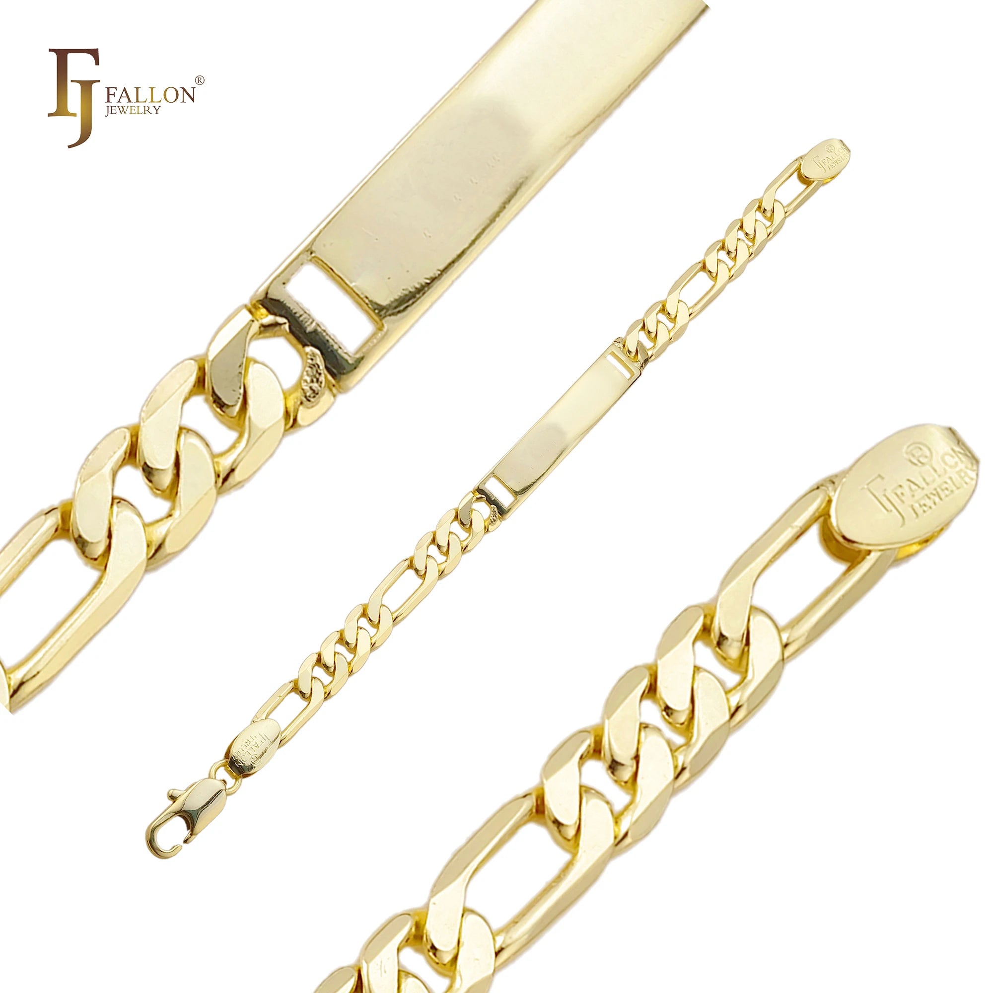4mm+ FJ Fallon Fashion Jewelry Figaro Link Engraveable Bracelets 14K Gold Plated Brass Based Split