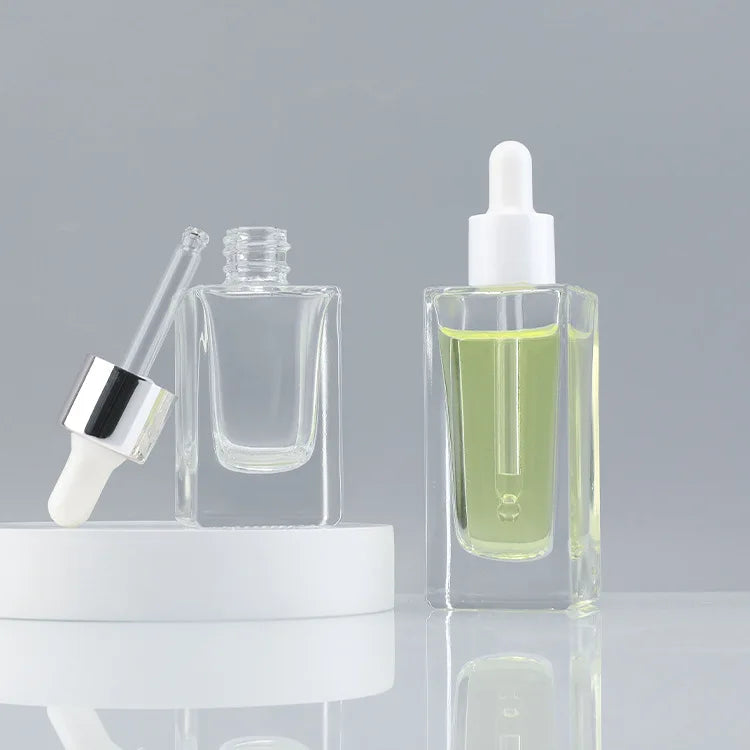 New Design Clear Glass Dropper Bottle Flat Square 5ml 10ml 15ml 30ml 50ml Empty for Perfume Essential Oil Serum Eye Cream