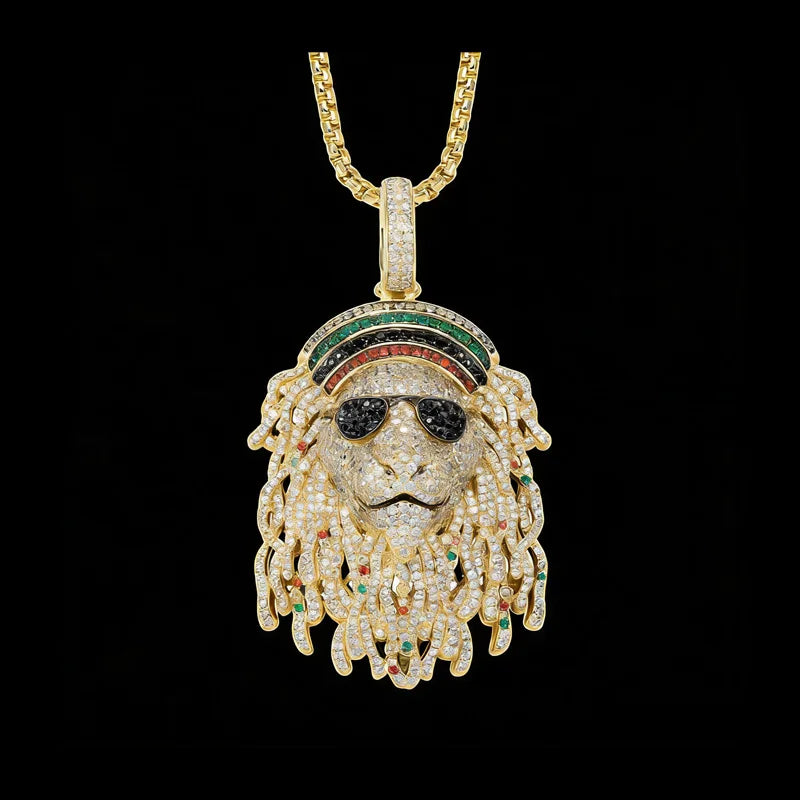 Dreadlocks Sunglasses Design Brass Rasta Lion Pendant with Multi-Color CZ Stones for Reggae Style