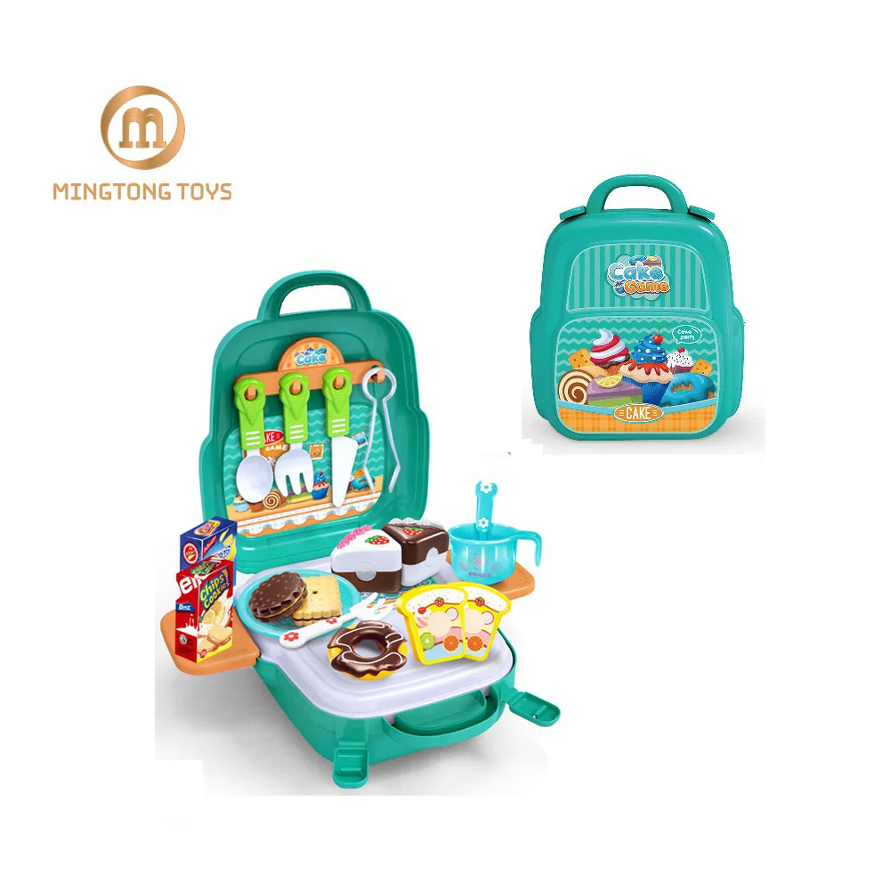 3 in 1 Boys Portable Plastic Backpack Play House Pretend Dessert Station Set Bakery Cake Kitchen Toy for Kids