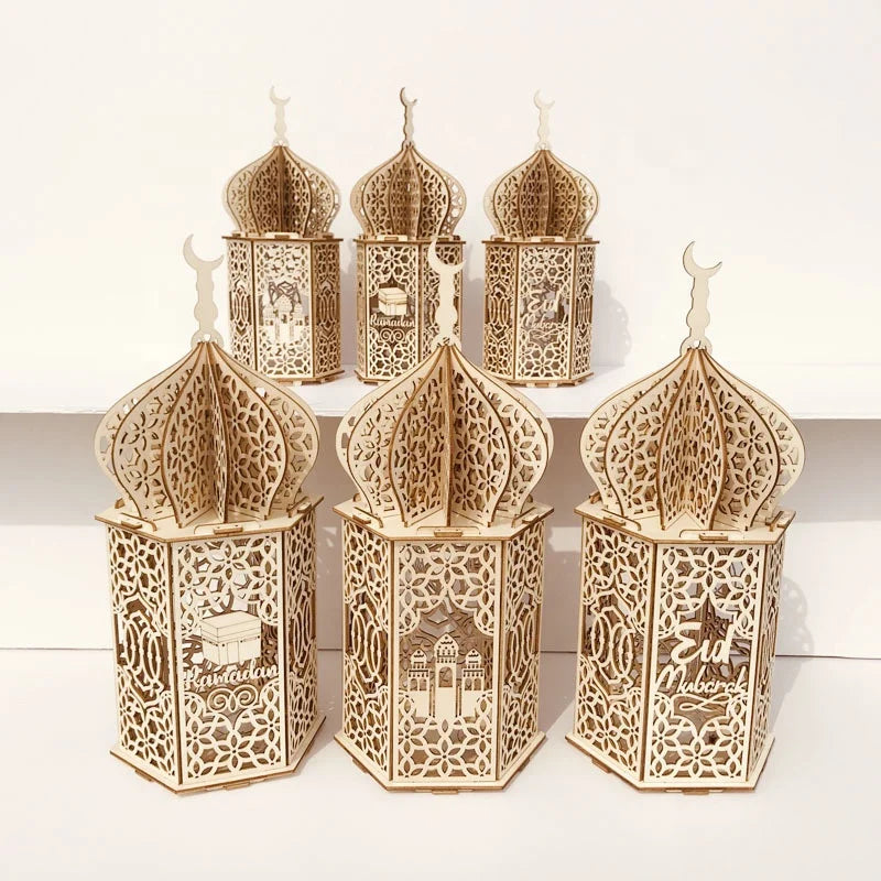 Muslim Eid Mubarak Ramadan Kareem Wall Decorations Wood LED Light Hanging Lantern for Ramadan Party