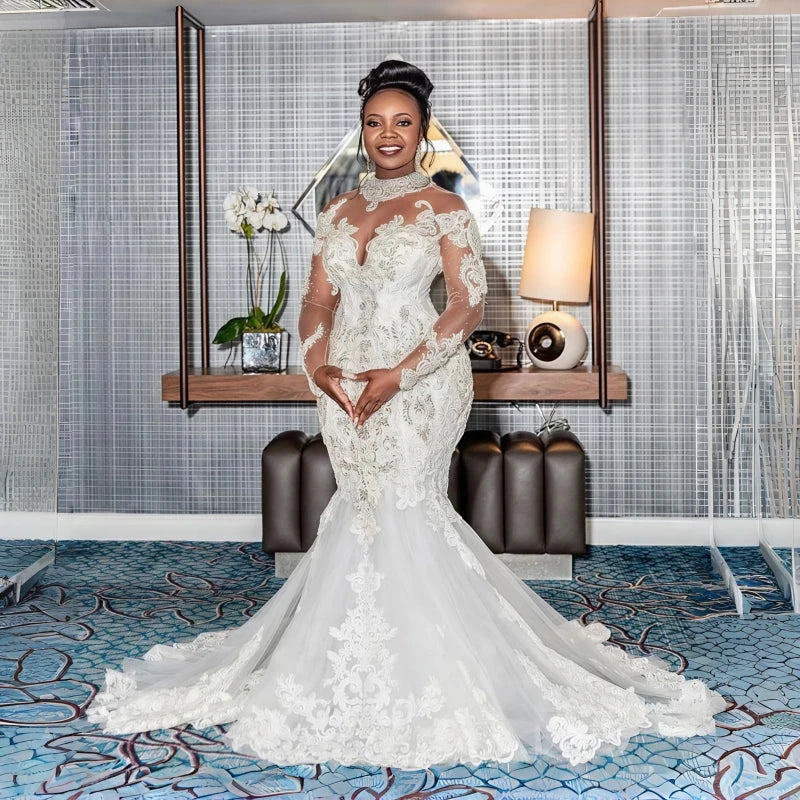 Luxury Wedding Dresses African Plus Size Wedding Gown New Vintage Long Sleeved Lace Rhinestone Wedding Dress With High Neck
