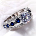 Fahion Big Women Girl Jewelry Ring Silver Plated Creative Hollow Out Sapphire Blue Zircon Ring