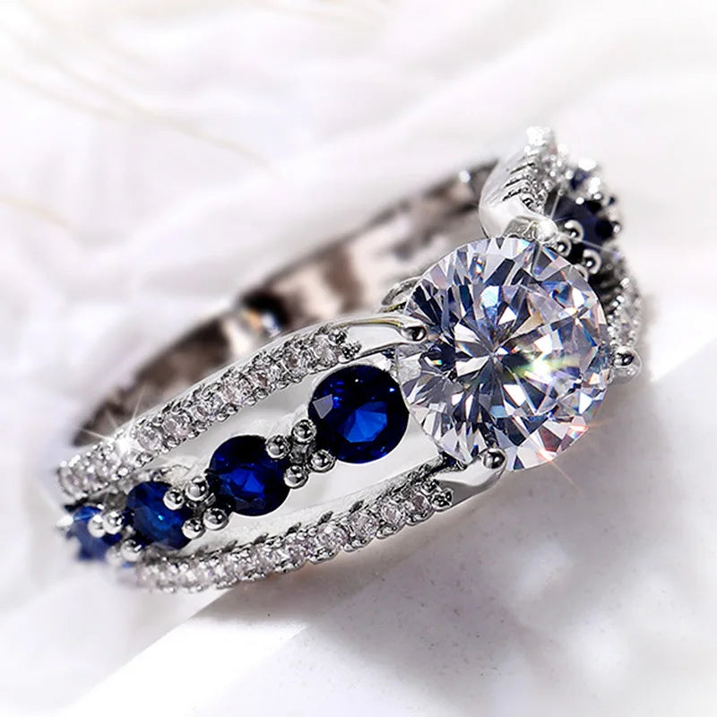 Fahion Big Women Girl Jewelry Ring Silver Plated Creative Hollow Out Sapphire Blue Zircon Ring