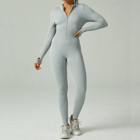 Seamless Ribbed Yoga Jumpsuit for Women Tight Stretch Zipper Long Sleeve Gym Fitness Bodysuit Sports One Piece Activewear
