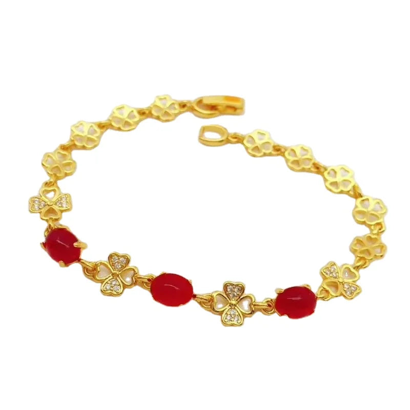 Dubai Jewelry Gold Plated Bracelet Gold Plated Bracelet Women's Four-Leaf Clover  Gold Plated-Plated Inlaid Ruby Wedding Gift
