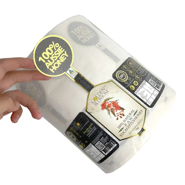 Custom Printed Waterproof Gold Foil Vinyl Adhesive Sticker Labels for Bee Honey Jars and Bottles