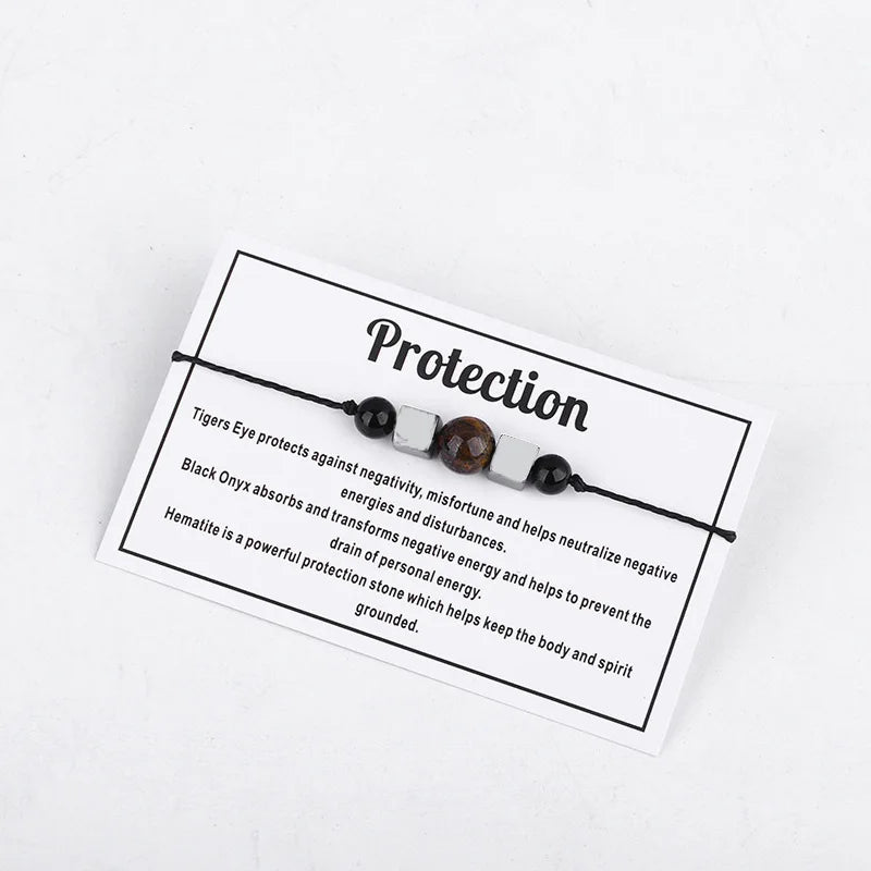 New Meaning Wish Card Braided Wax Rope Natural  Hematite Tiger Eye Stone Bead Protection Bracelet